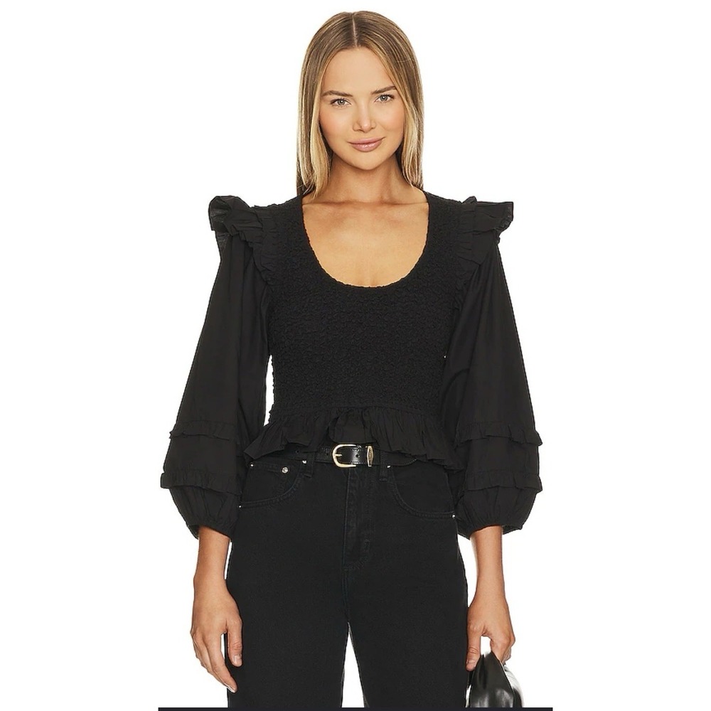 NWT Cleobella Veronika Ruffled Blouse Black Smocked Ballon Sleeves Size M